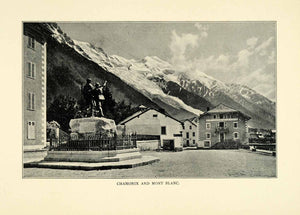 1901 Print Chamonix Mont Blanc City Buildings Statue Mountains Trees Street XGN3