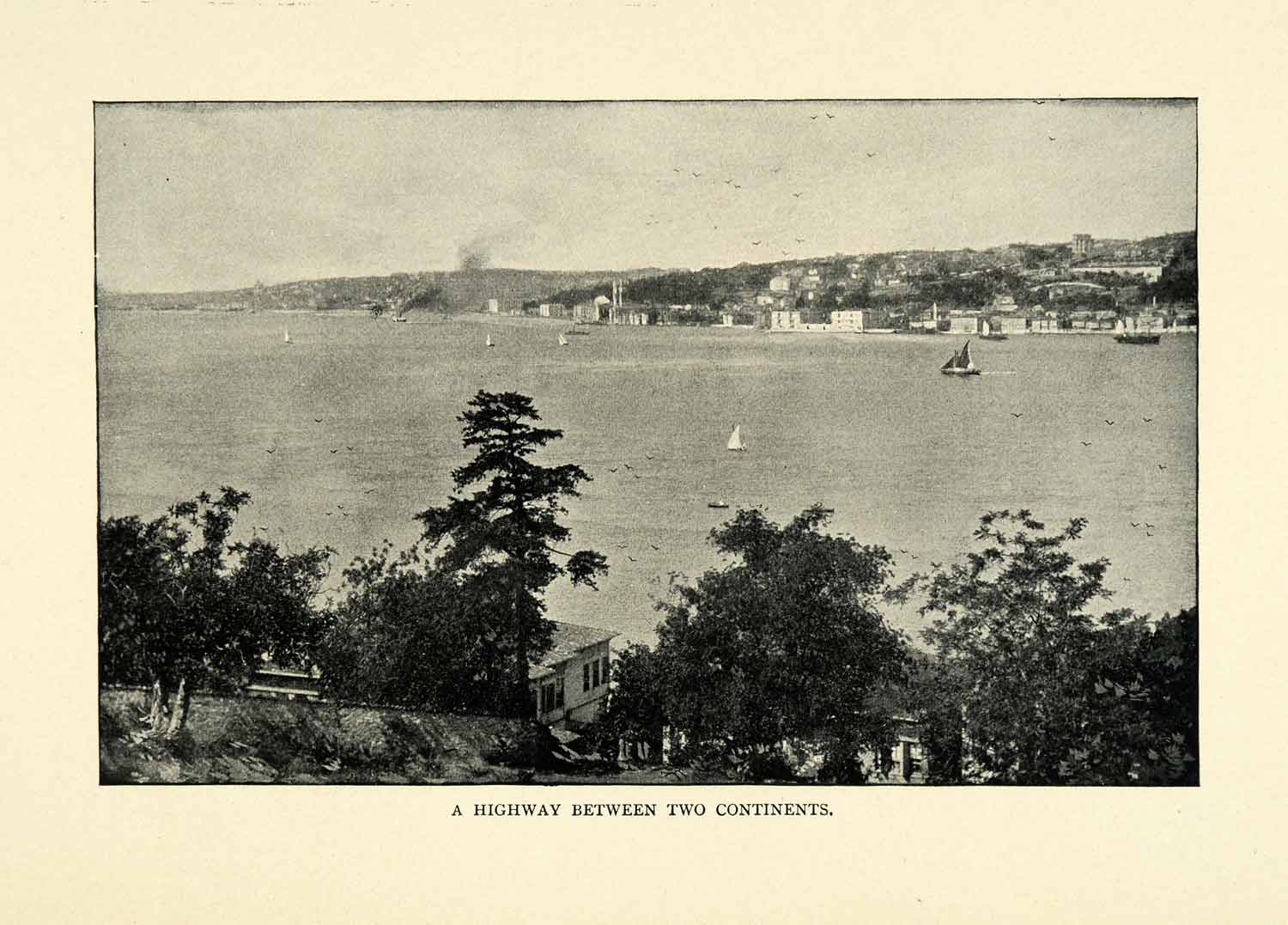 1901 Print Waterway Highway Continents Sailboats Trees Hills Cityscape XGN3