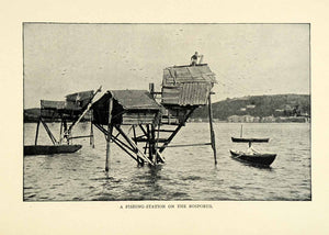 1901 Print Fishing Station Bosporus Waterway Huts Hills Boats Birds XGN3