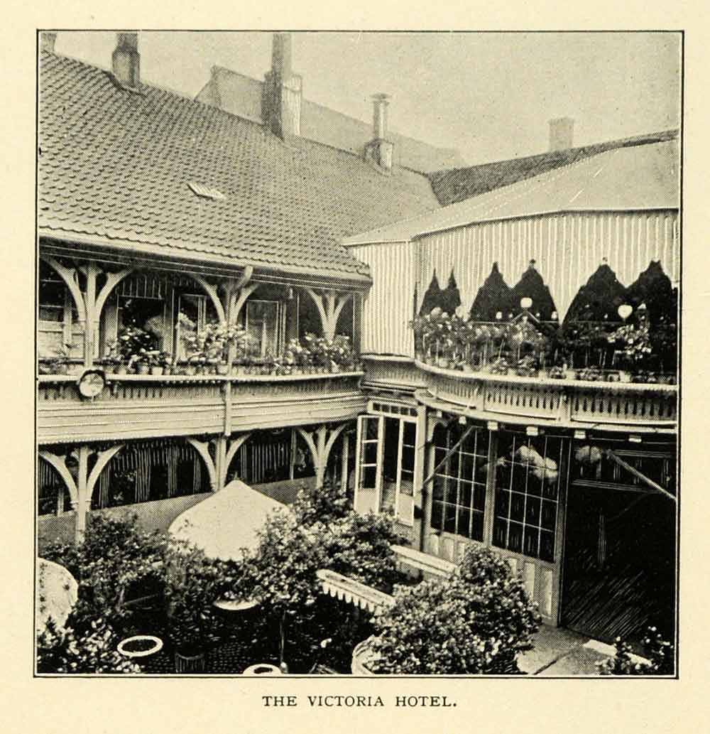 1901 Print Victoria Hotel Norway Lodging Balcony Umbrella Table Courtyard XGN3
