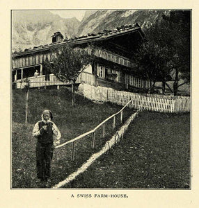 1901 Print Swiss Farmhouse Farmer Trees Mountains Fence Chalet XGN3
