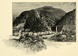 1901 Print View Gotthard Railway Bridge Mountains Cliffs Railroad Town XGN3