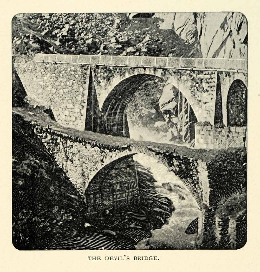 1901 Print Devil's Bridge Gotthard Railway Switzerland Reuss River XGN3