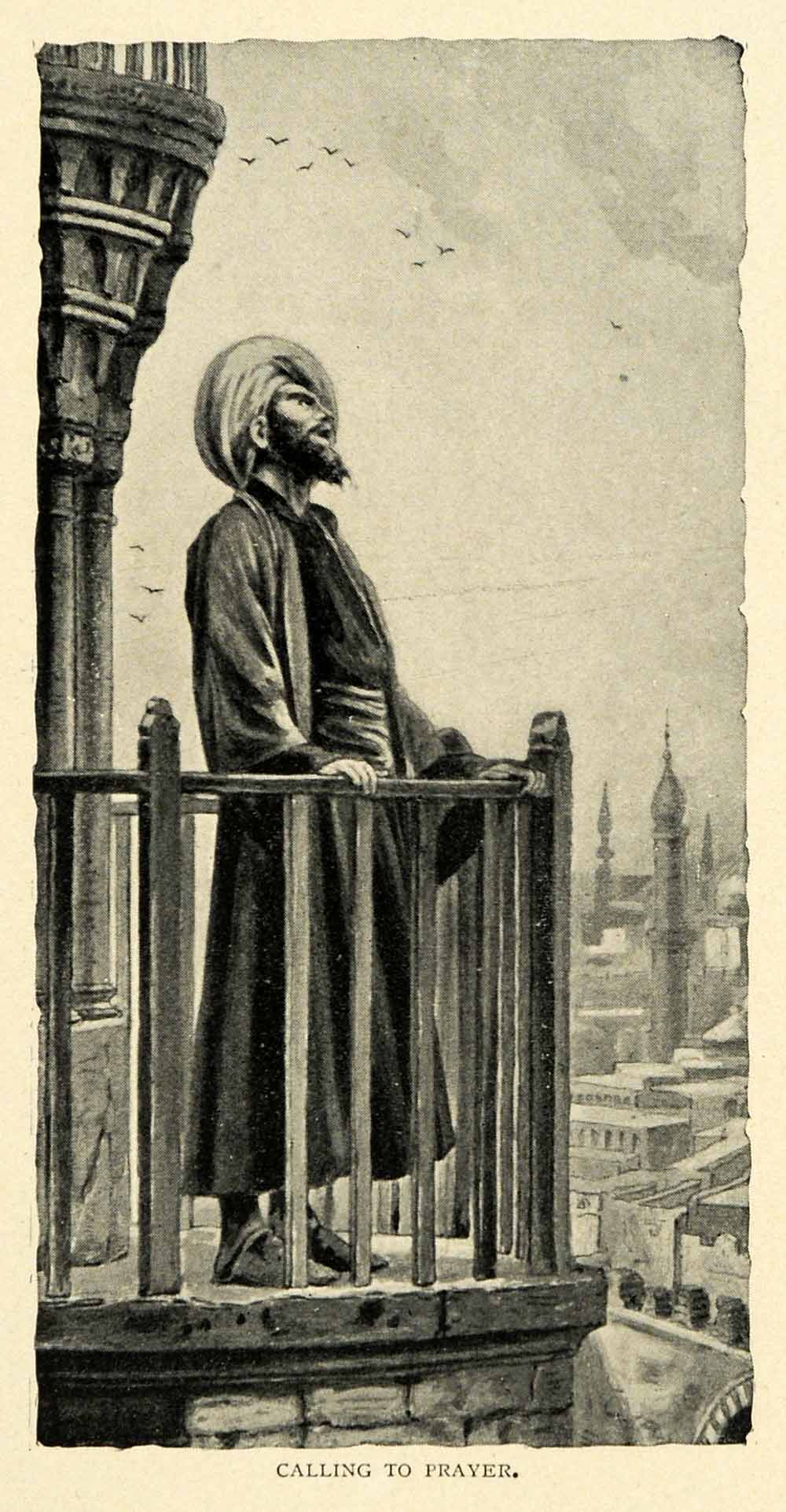 1901 Print Calling Prayer Religion Muslim Turkey Mosques Five Times Daily XGN3