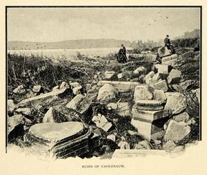 1901 Print Ruins Capernaum Religious Rocks Sea Mountains People XGN3