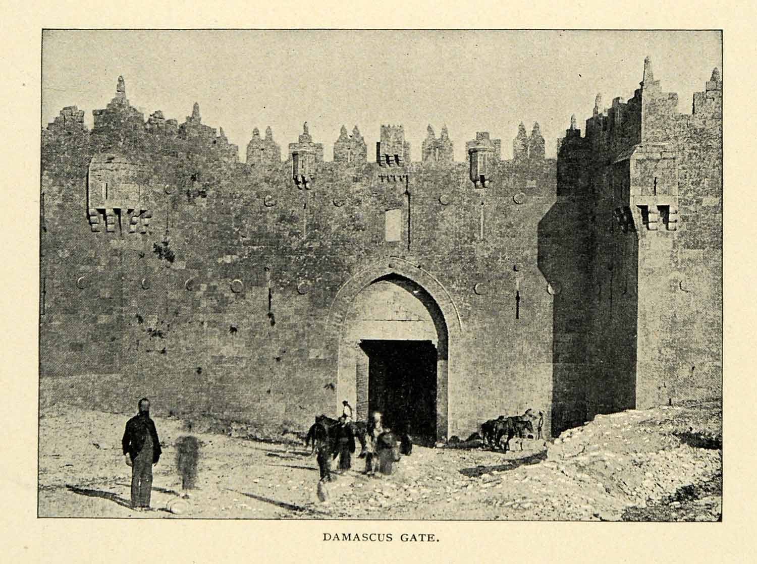1901 Print Damascus Gate Wall Stone Archway Horses People Shechem XGN3