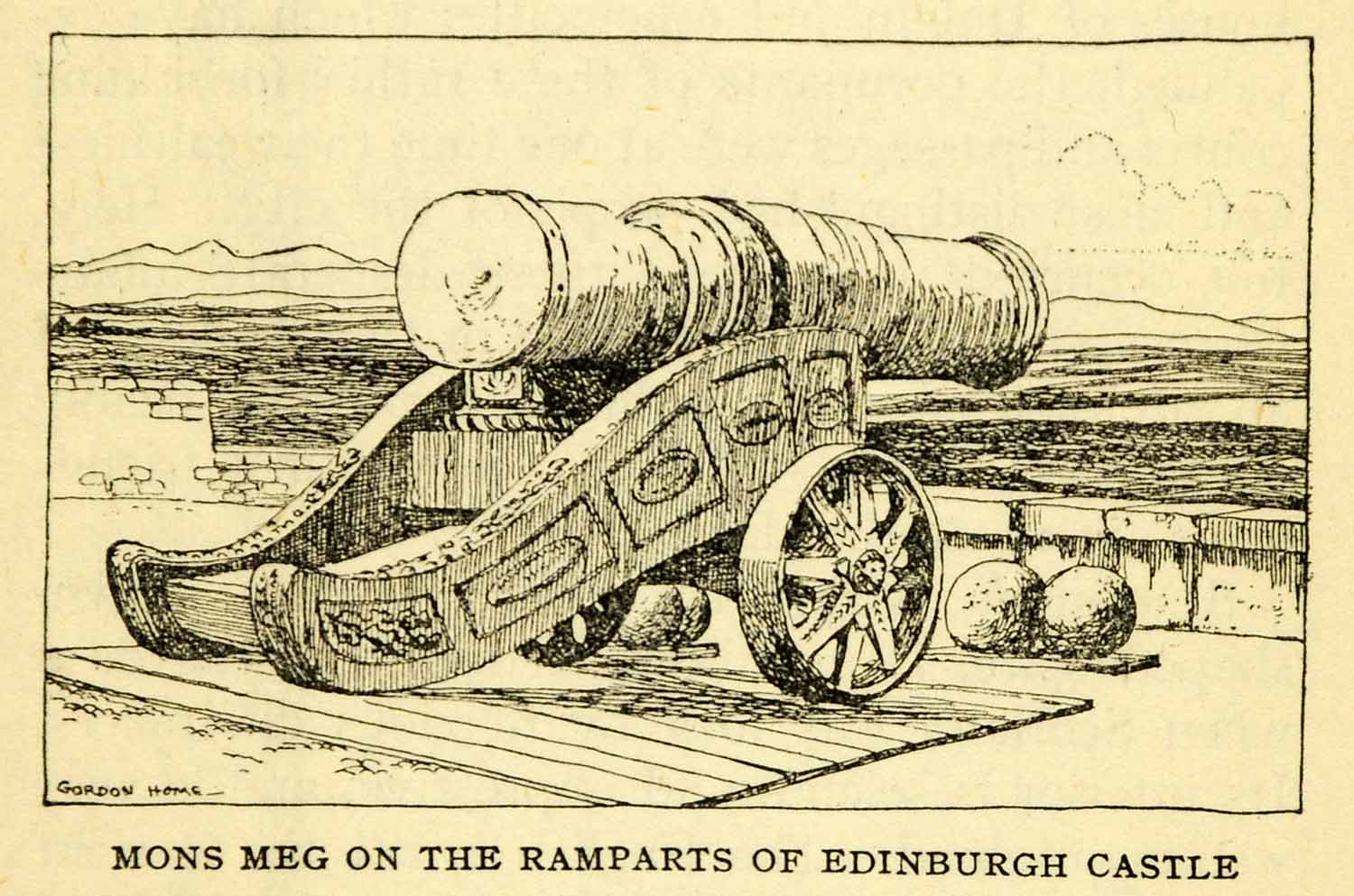 1924 Offset Lithograph Gordon Home Mons Meg Ramparts Edinburgh Castle XGN5