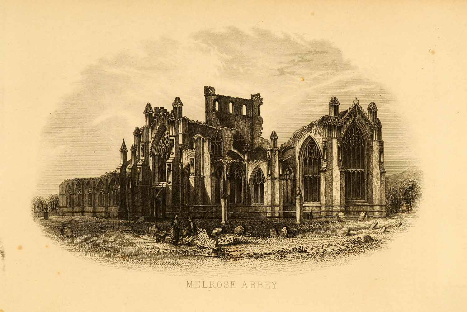 1852 Steel Engraving Melrose Abbey Scotland St Johns Cross King David XGN6