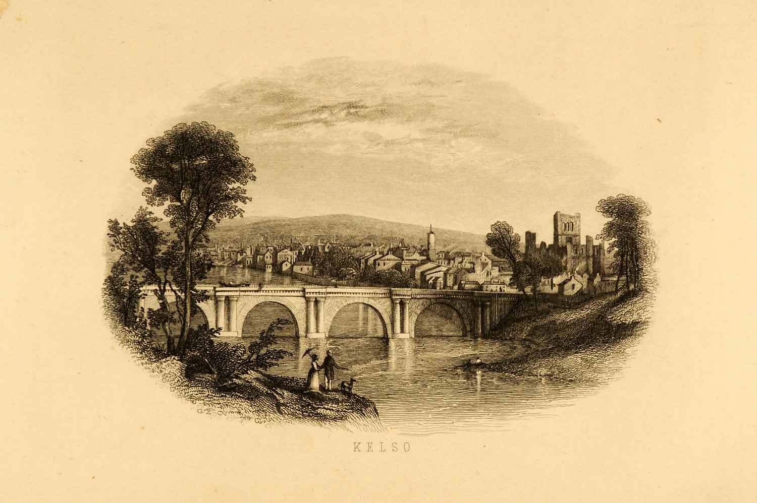 1852 Steel Engraving Kelso Scotland Abbey Bridge Cityscape Borders Floors XGN6