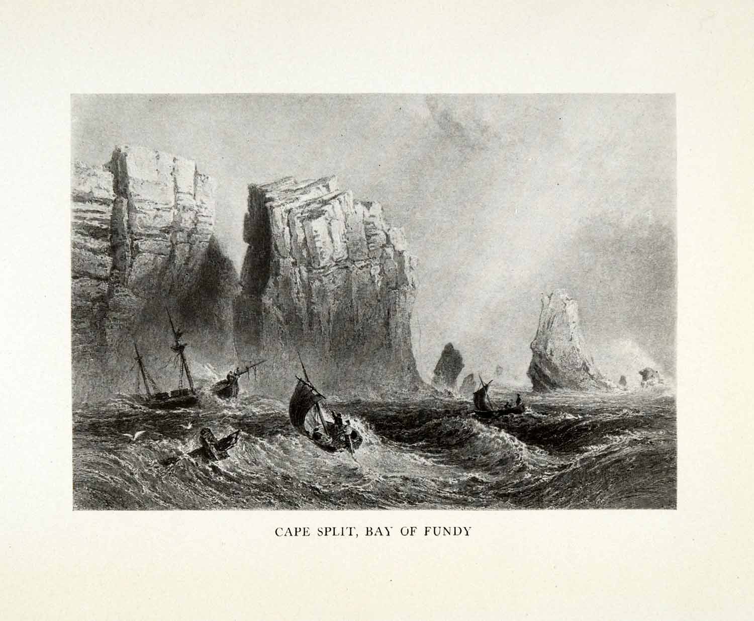1925 Halftone Print Fundy Bay Ship Tide Cliff Ocean Canada Seascape Wave XGN8