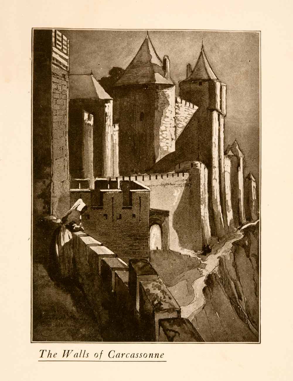 1907 Halftone Print Walls Fortress Cacassonne France Medieval Architecture XGNA3