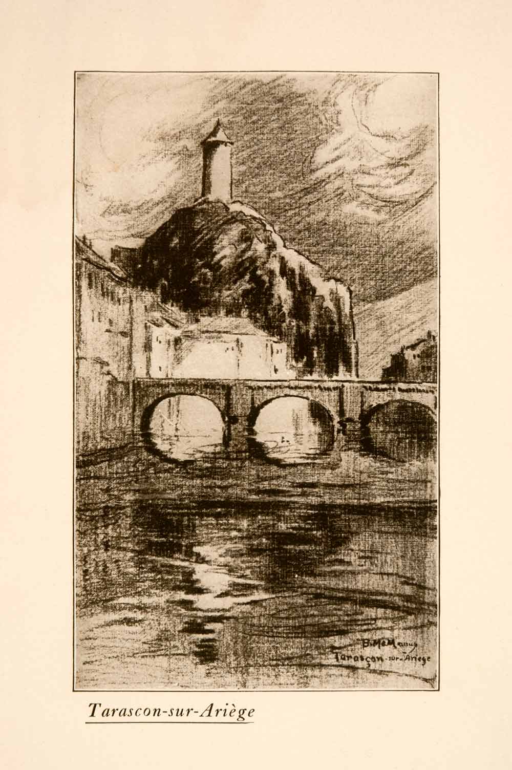 1907 Halftone Print Tarascon sur Ariege Castella France Landscape Bridge XGNA3