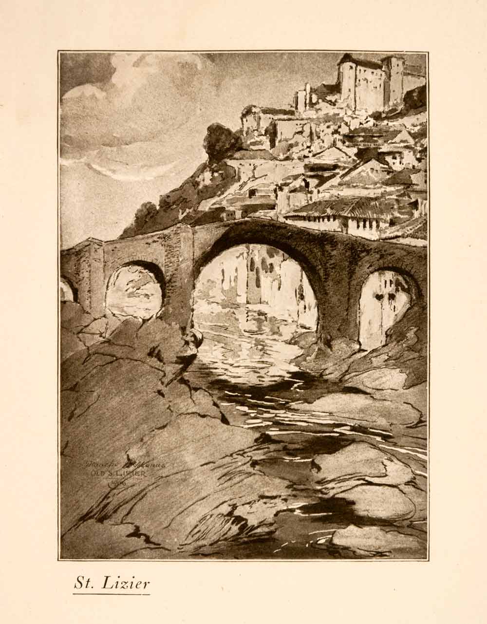 1907 Halftone Print Saint Lizier Cityscape France Bridge River XGNA3