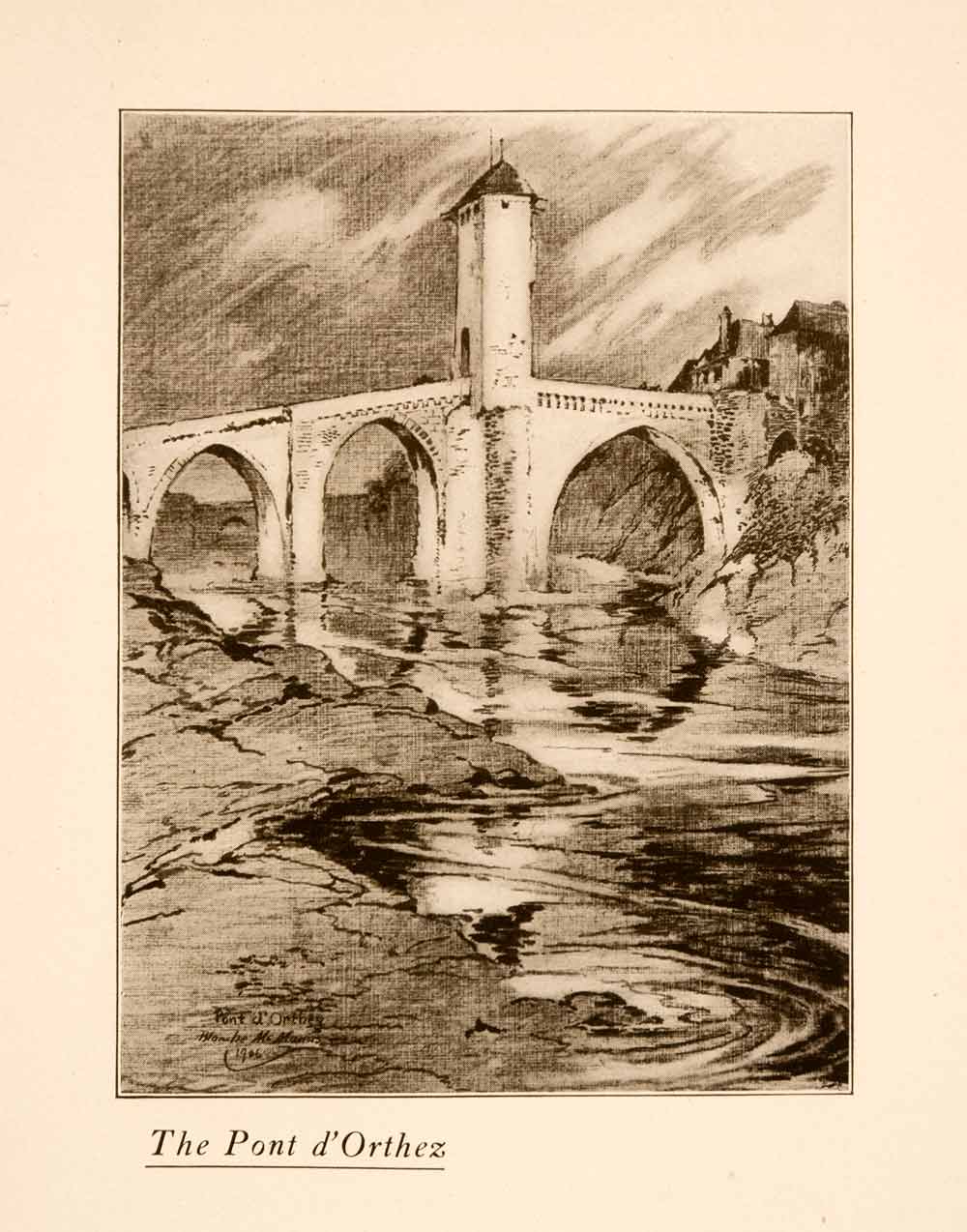 1907 Halftone Print Pont d'Orthez Pyrenees France Bridge River XGNA3 ...