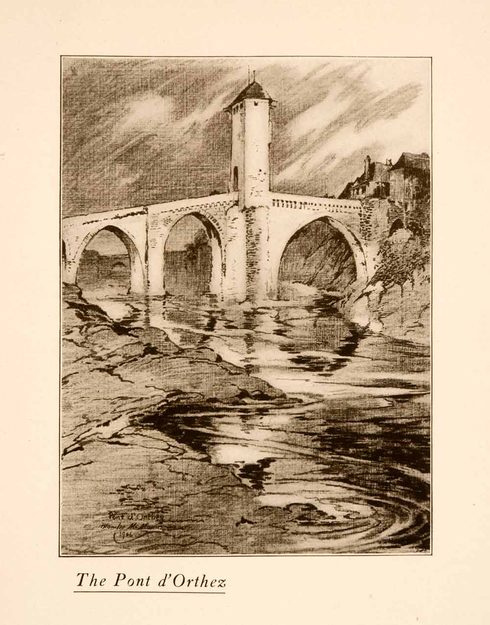 1907 Halftone Print Pont d'Orthez Pyrenees France Bridge River XGNA3