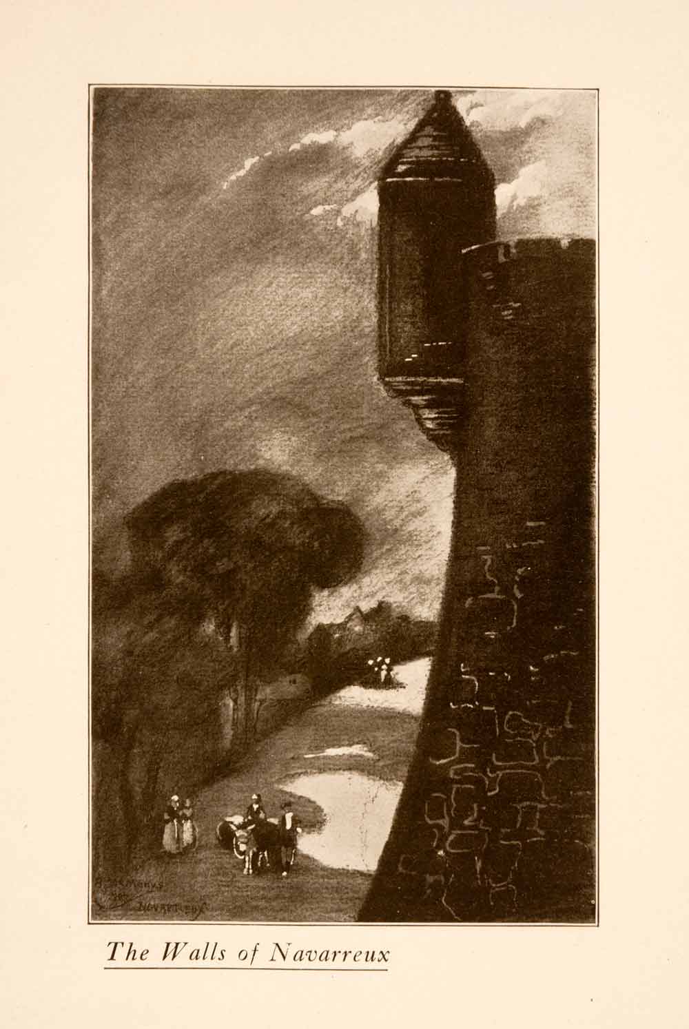 1907 Halftone Print Walls Fortress Navarreux Castle Architecture Night XGNA3