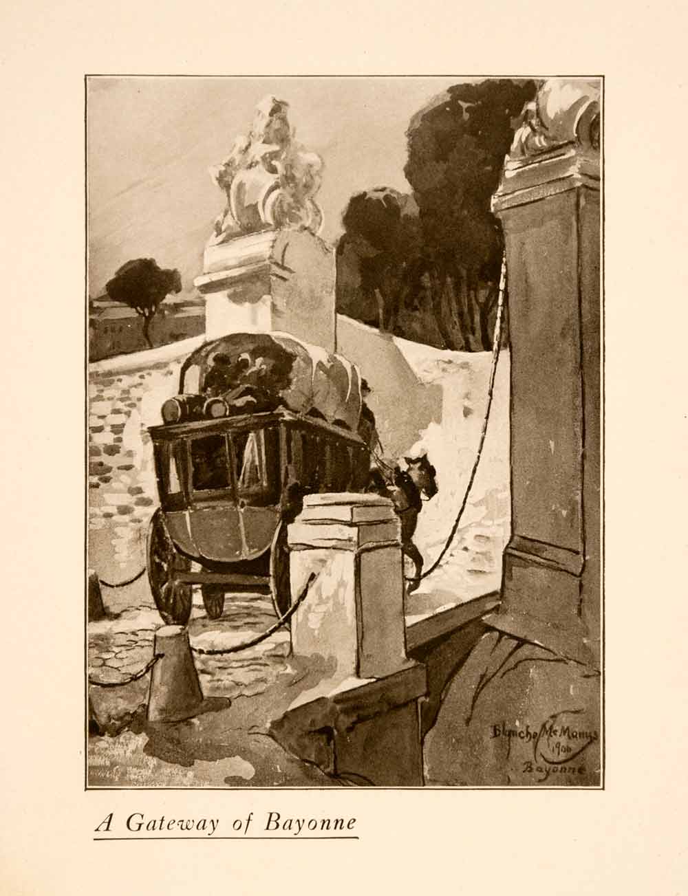 1907 Halftone Print Gateway Bayonne Carriage Horse Street France Statue XGNA3