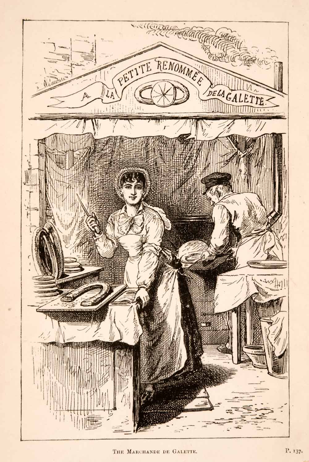 1882 Wood Engraving Paris Galette Street Vendor Costume Cake 19th Century XGNA8