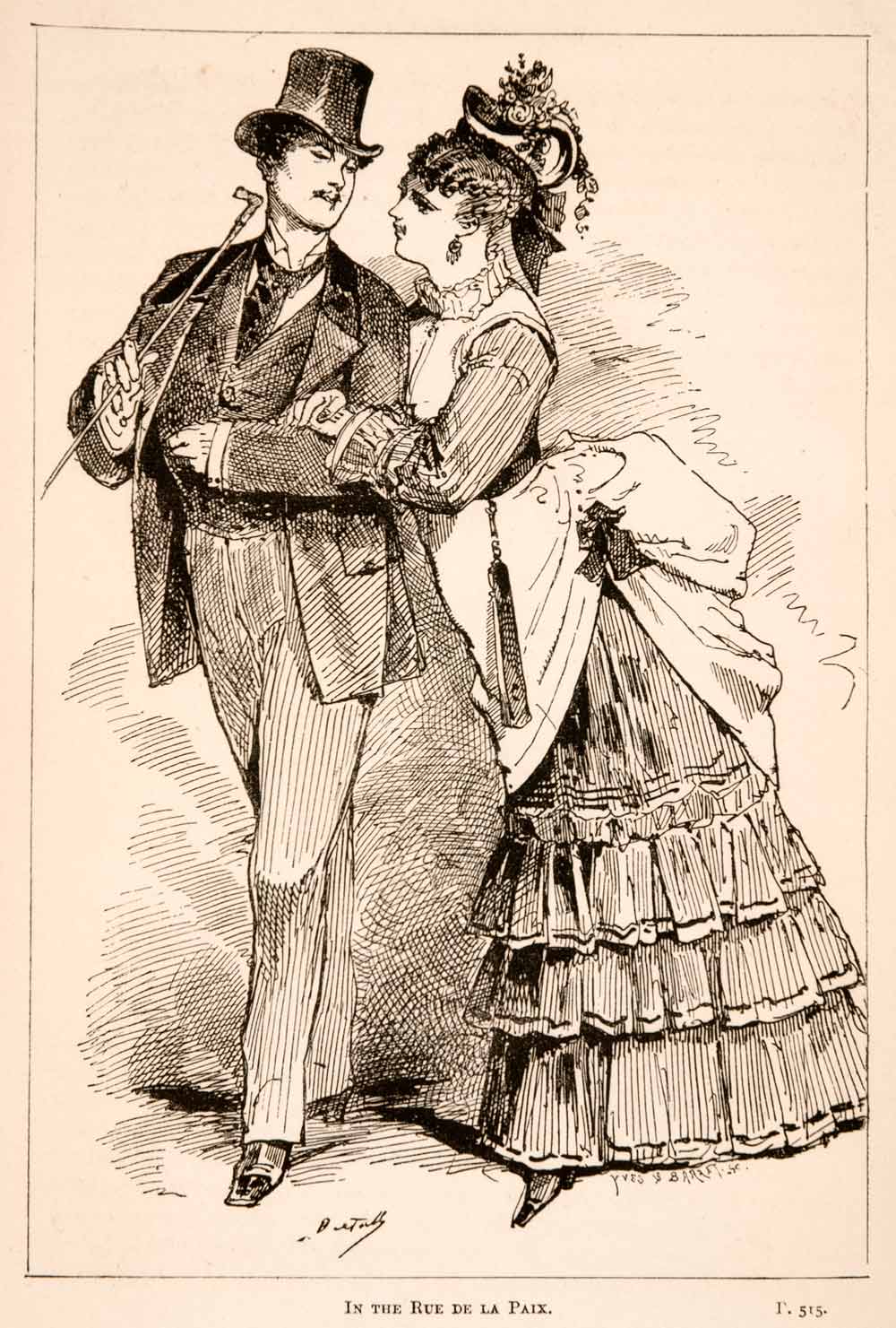 1882 Wood Engraving Paris Costume Dress 19th Century Rue De La Paix XGNA8