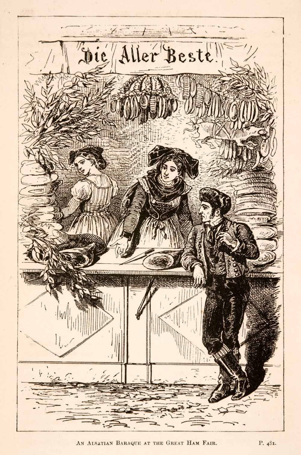 1882 Wood Engraving Eastertide Ham Fair Alsatian Booth Costume Vendor XGNA8