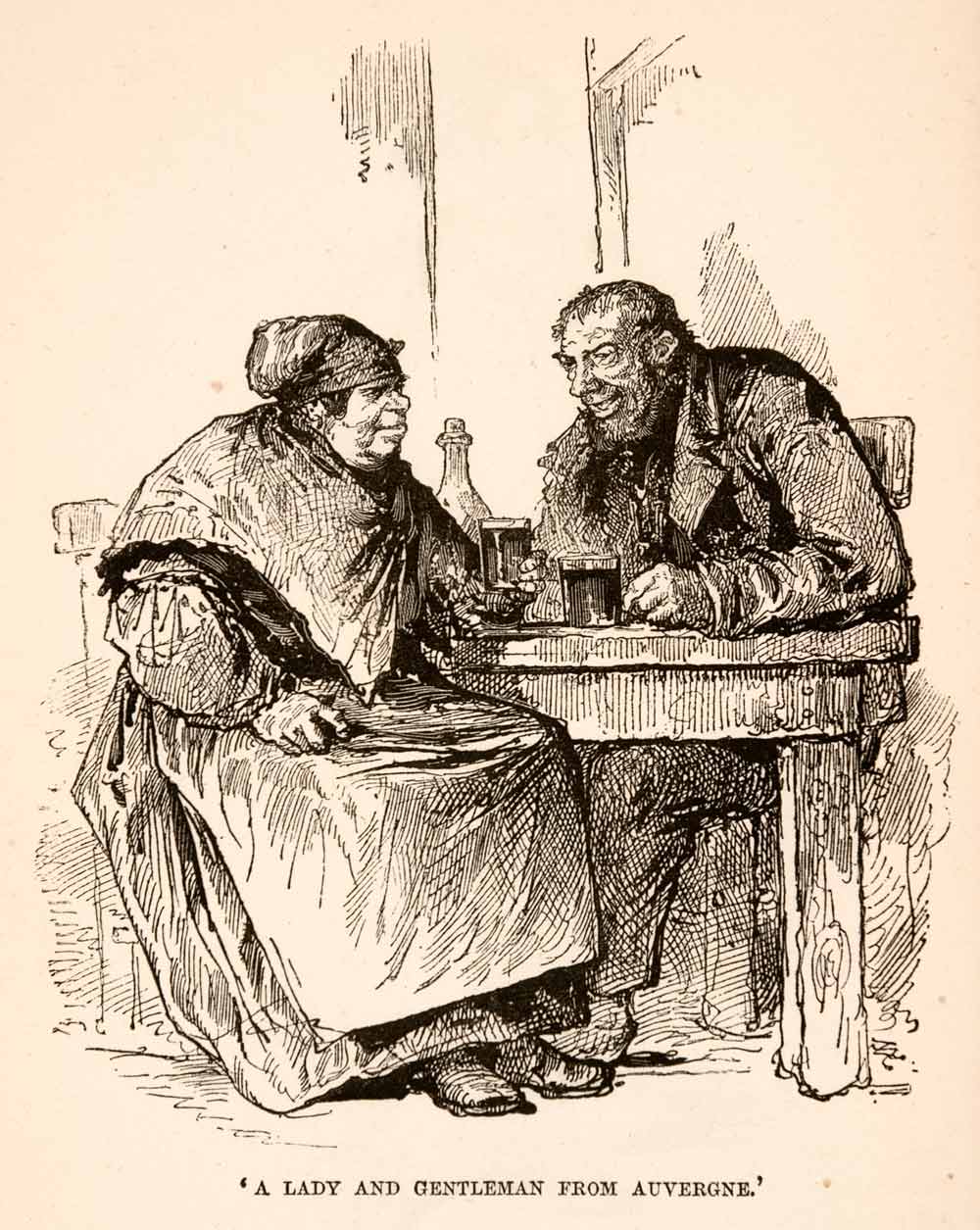 1882 Wood Engraving Auvergne Peasant Tavern Paris Rustic Couple Costume XGNA8