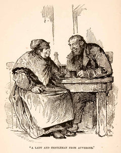 1882 Wood Engraving Auvergne Peasant Tavern Paris Rustic Couple Costume XGNA8
