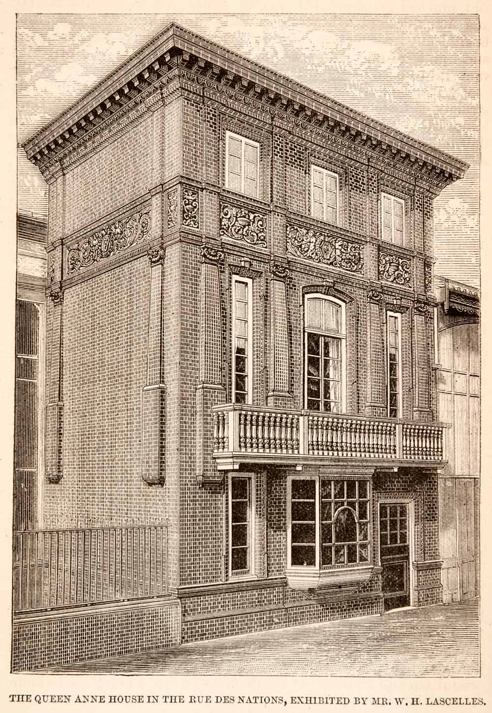 1882 Wood Engraving Queen Anne House Rue Des Nations Lascelles Paris XGNA8