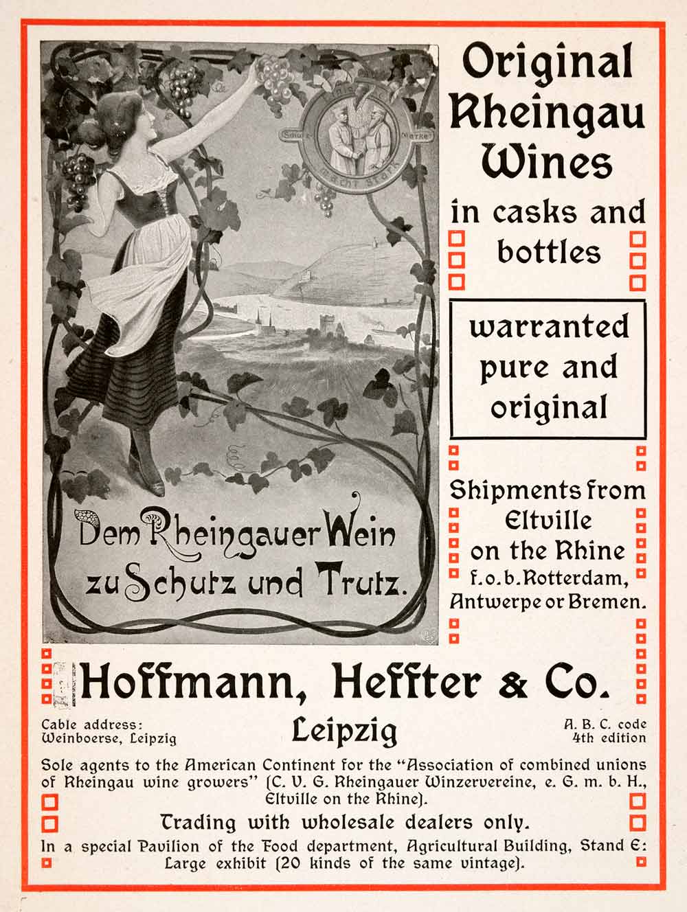 1904 Ad Rheingau Wine German Maiden Leipzig Deutschland Rhine Eltville XGNA9