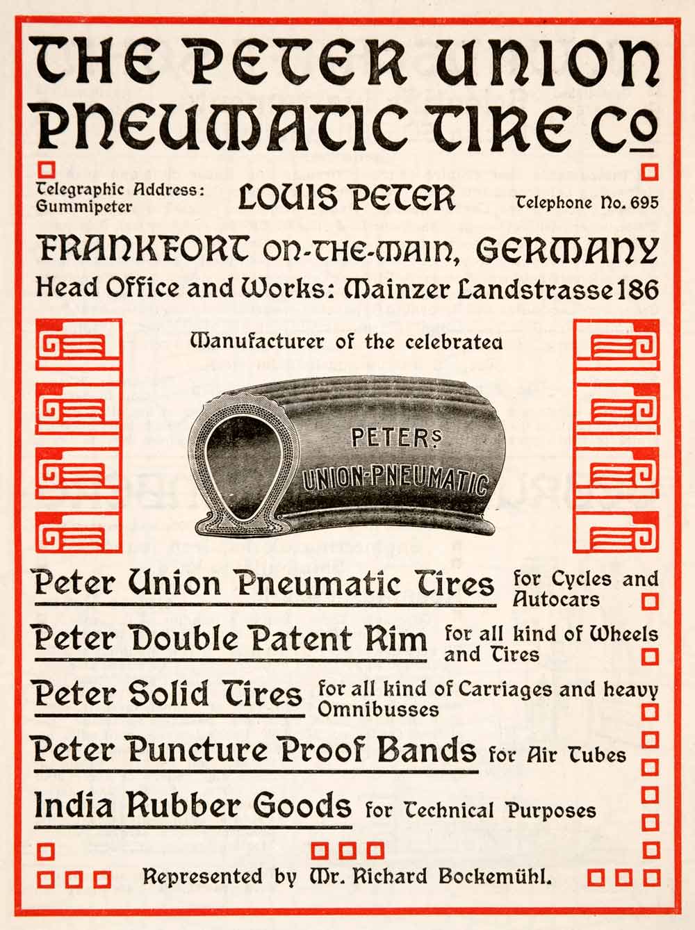 1904 Ad Peter Union Pneumatic Tire Louis Frankfort Germany Richard XGNA9