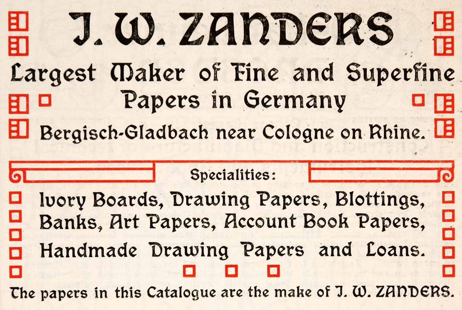 1904 Ad J W Zanders Paper Stationery Ivory Board Rhine Cologne Germany XGNA9