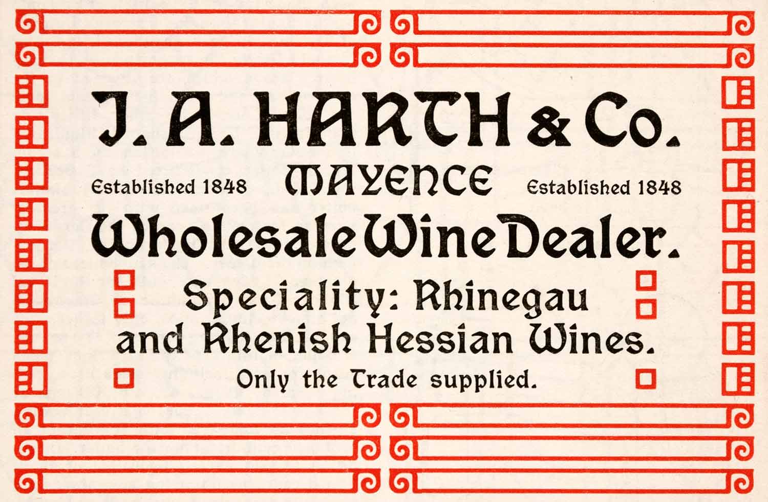 1904 Ad J A Harth Mayence Wine Rhinegau Rhenish Hessian Alcohol Drink XGNA9