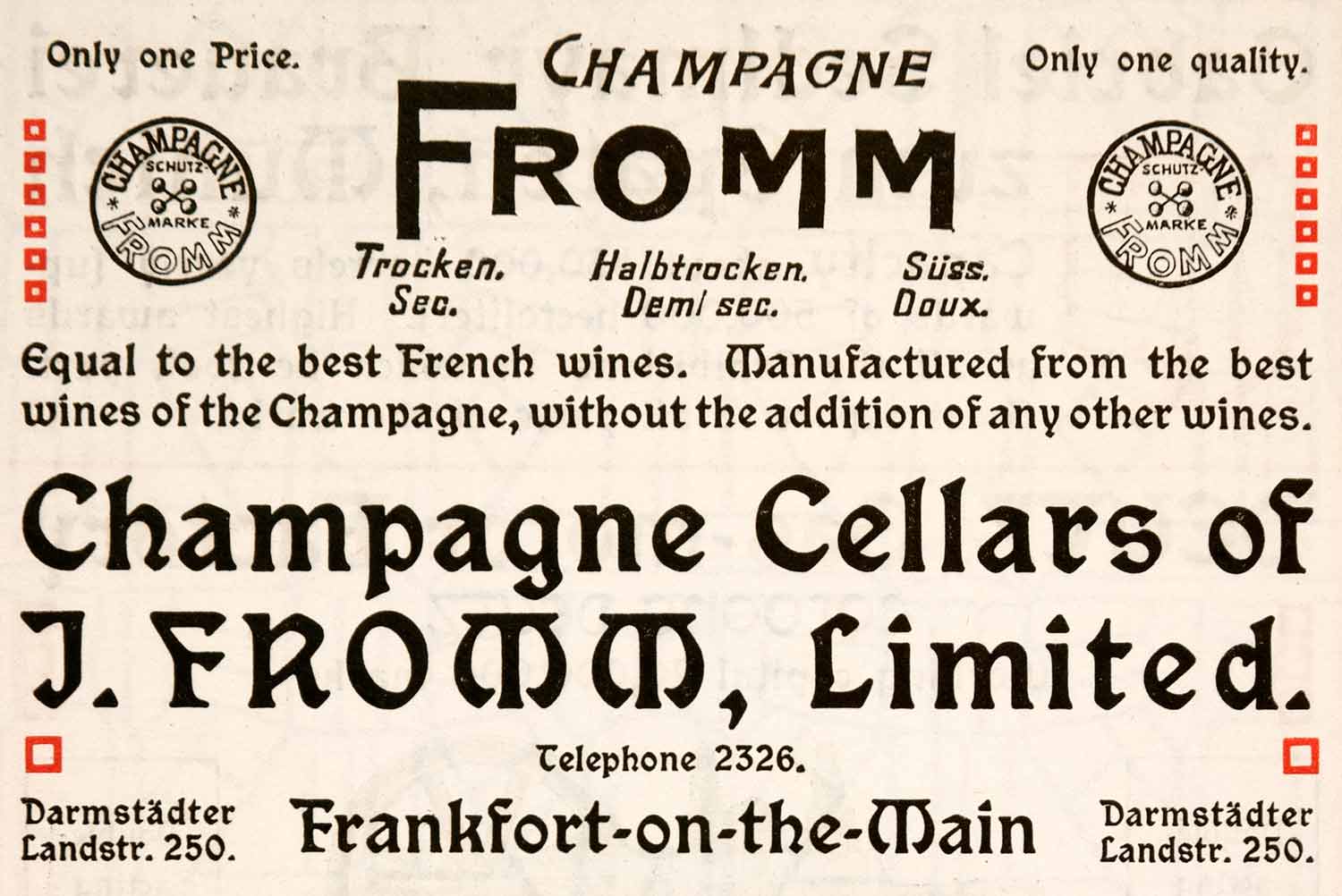 1904 Ad Champagne Fromm Cellar Frankfort Main German Alcohol French XGNA9