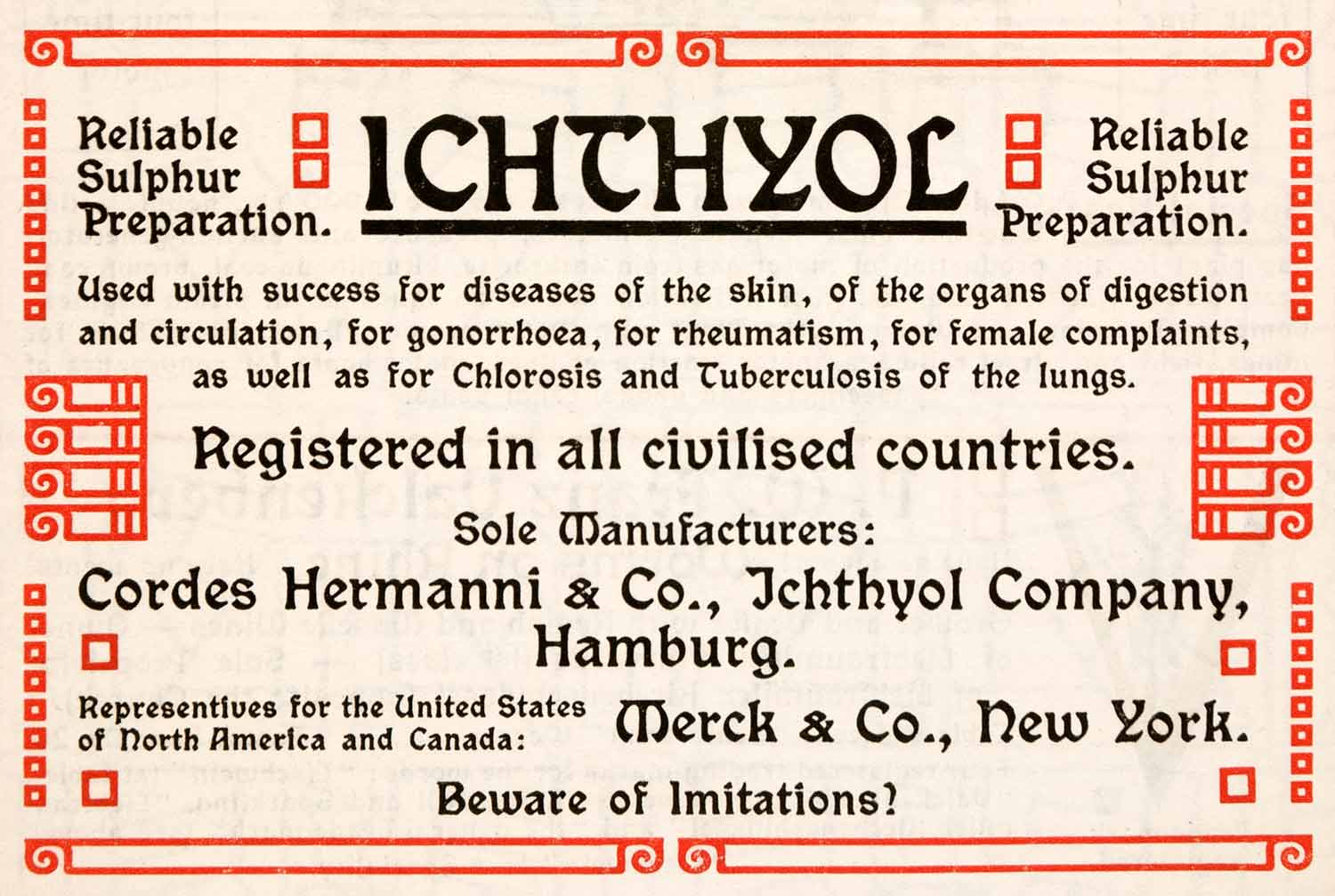 1904 Ad Ichthyol Sulphur Sulfur Cordes Hermanni Hamburg Germany Medicine XGNA9
