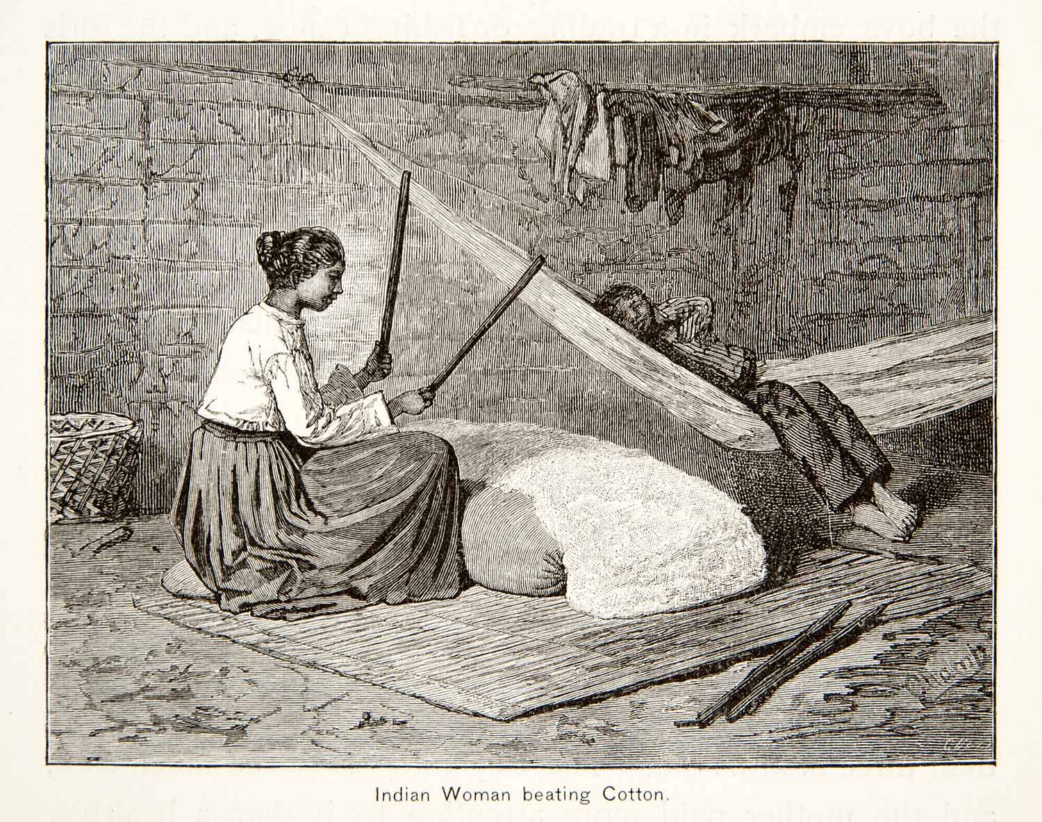 1879 Wood Engraving Brazilian Indian Woman Beats Cotton Handicraft XGNB4