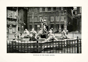1902 Print Fountain Fontana Moro Moor Tritons Neptune Piazza Navona Rome XGNB6