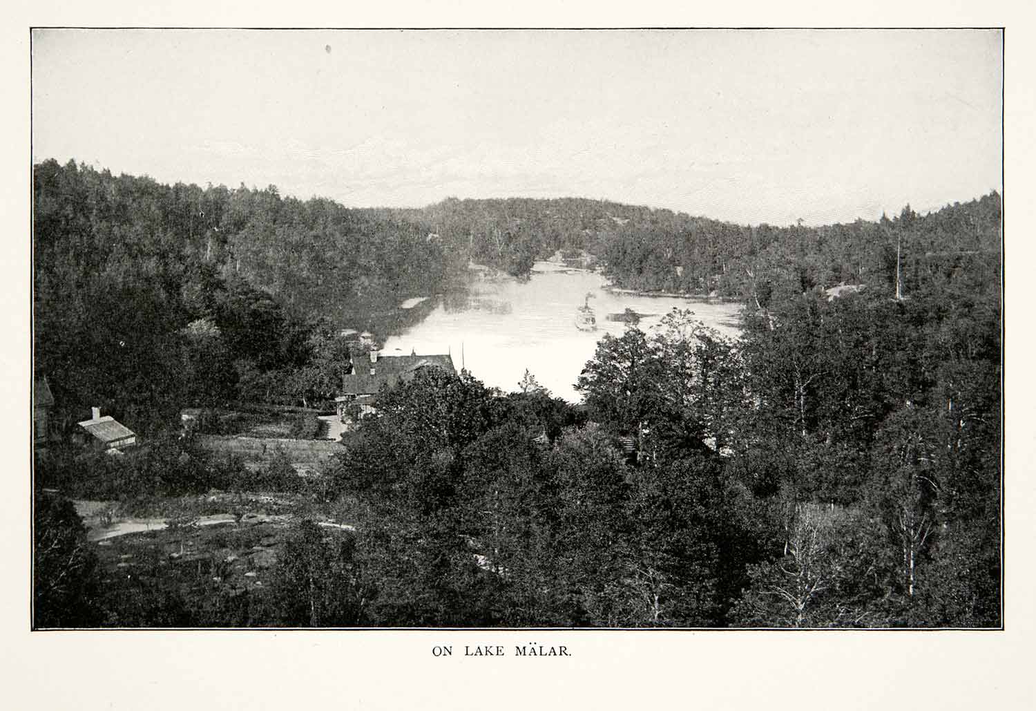 1902 Print Lake Malaren Sweden Forest Timber Cottage Steamboat Landscape XGNB7