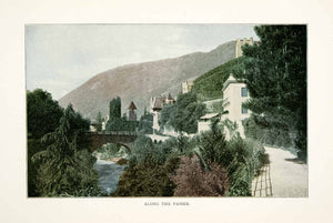 1905 Color Print South Tyrol Italy Passer Mountain Cityscape Bridge XGNB8