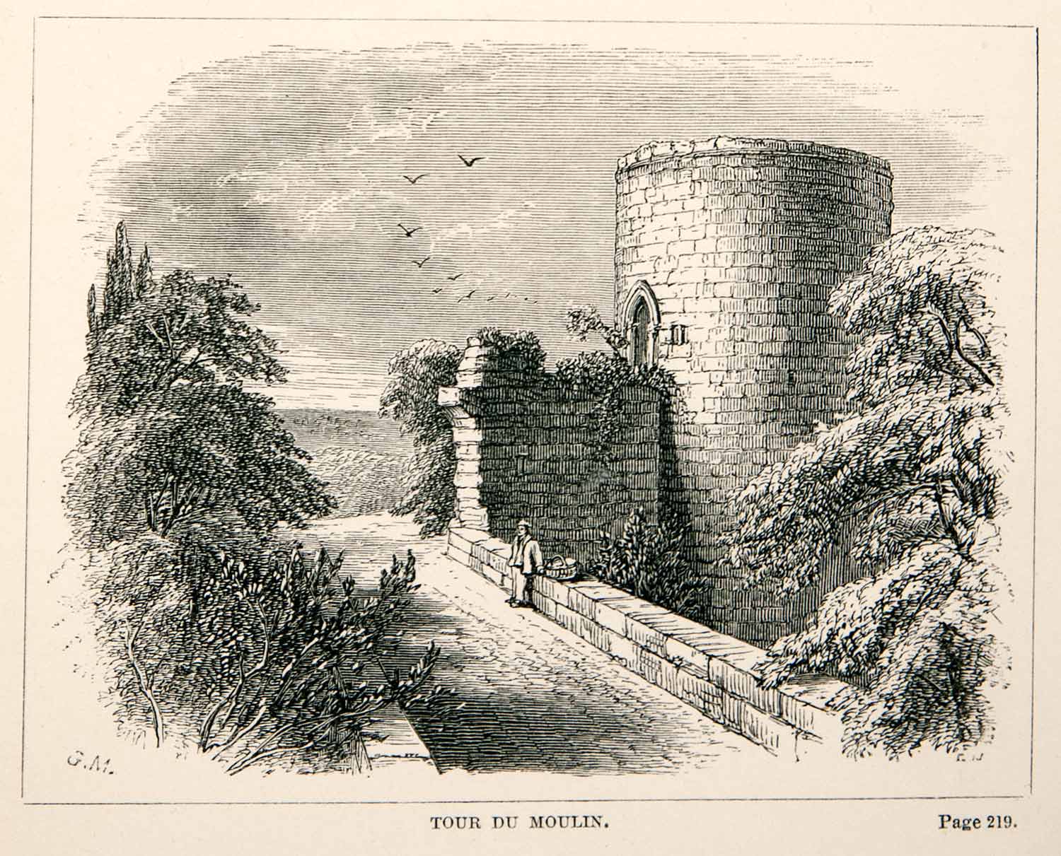 1867 Wood Engraving Chateau Tour Du Moulin France Cityscape Medieval XGNC1