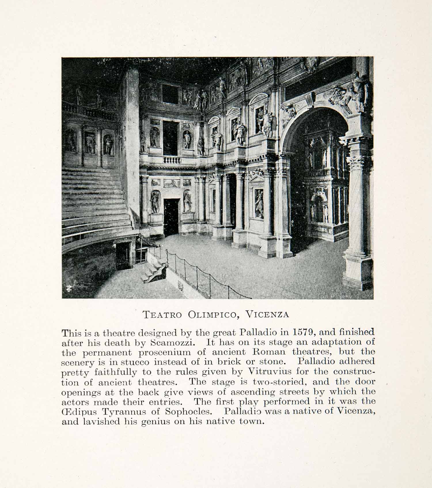 1912 Print Teatro Olimpico, Vicenza Palladino Scamozzi Stucco Vitruvius XGNC9
