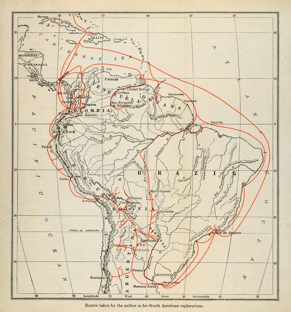 1919 Lithograph Map Route South America Brazil Guyana Colombia Venezuela XGO2