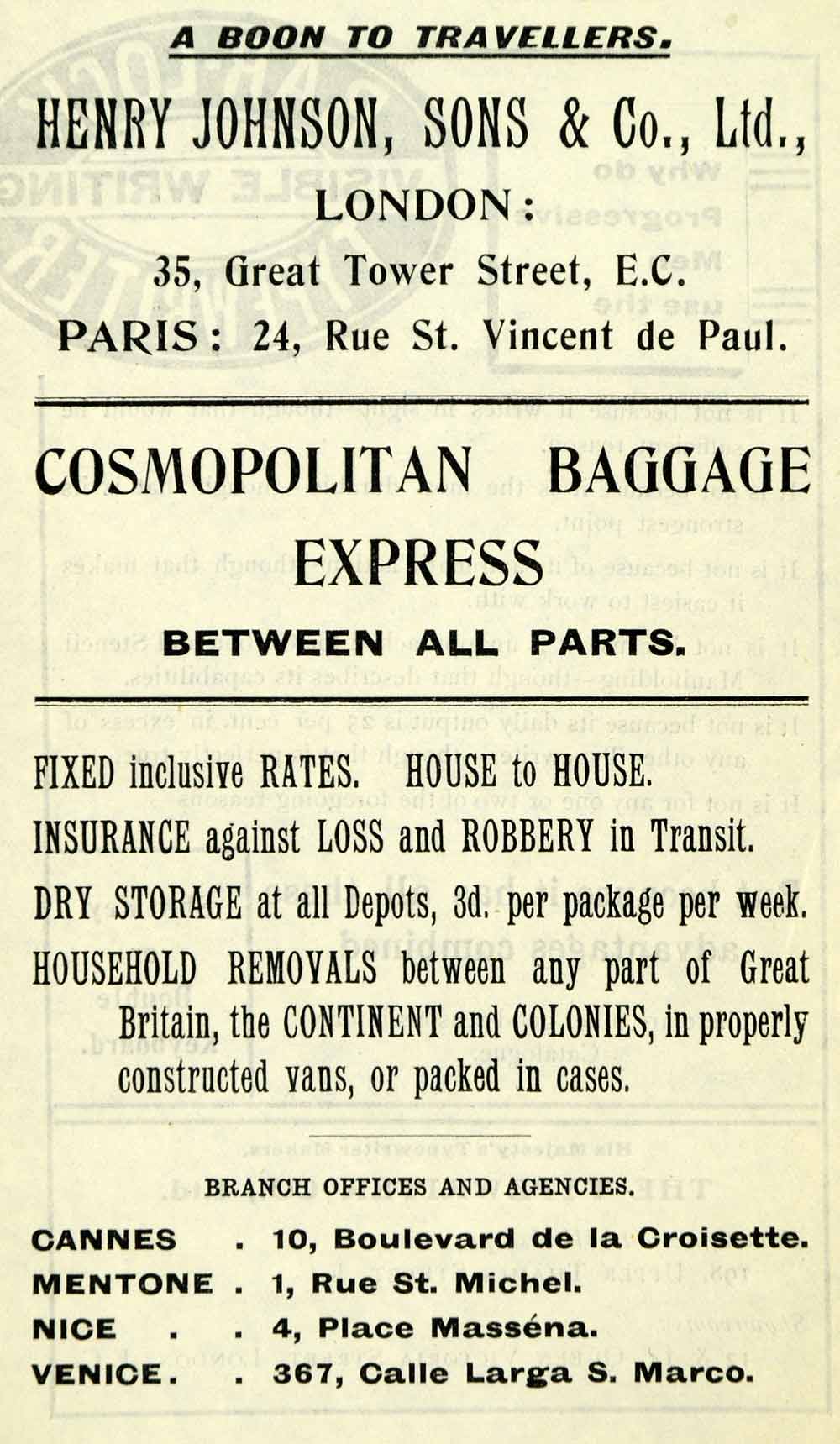 1908 Ad Henry Johnson Sons 24 Rue Vincent De Paul Cosmopolitan Baggage XGO5