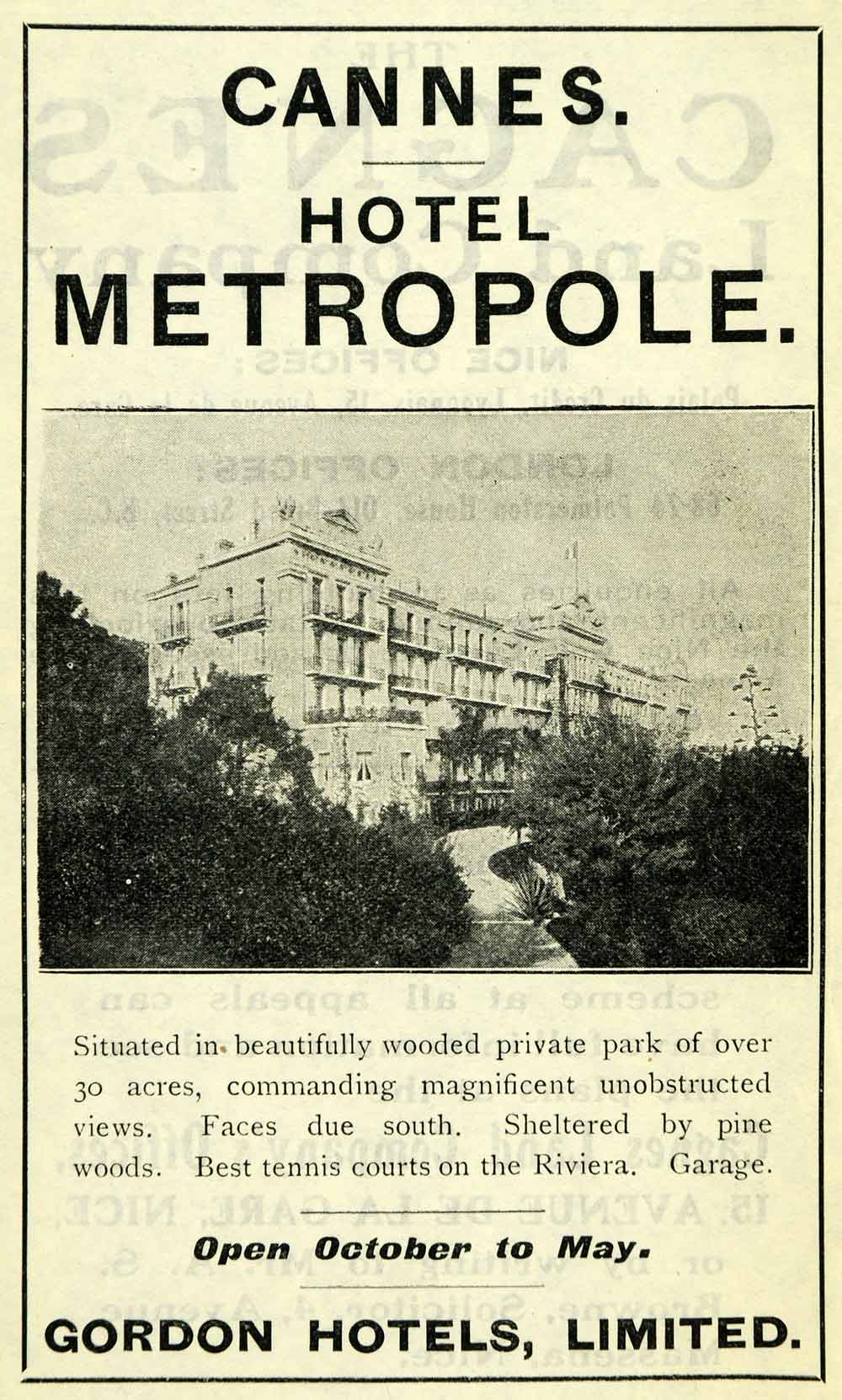 1908 Ad Hotel Metropole Cannes France Gordon Architecture Riviera Seasonal XGO5