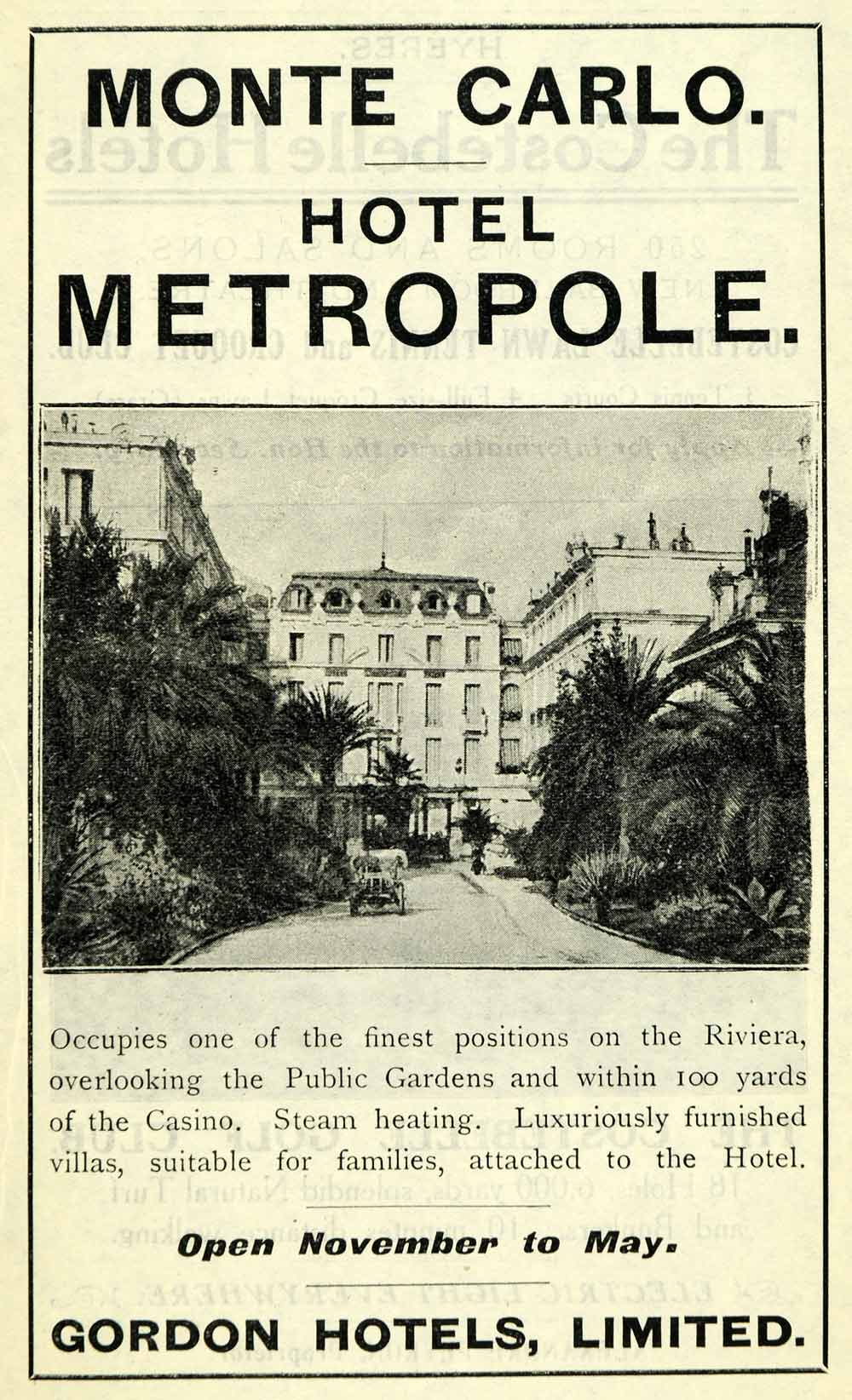 1908 Ad Hotel Metropole Monte Carlo Gordon Automobile Facade France Riviera XGO5