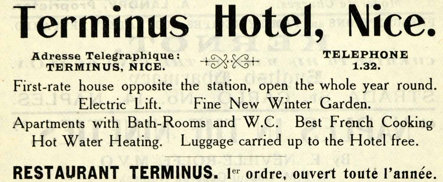 1908 Ad Terminus Hotel Nice France Restaurant Electric Lift Resort Winter XGO5