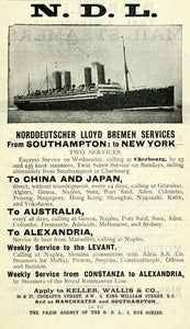 1908 Ad Norddeutscher Lloyd Bremen Services Keller Wallis 26 Cockspur St XGO5