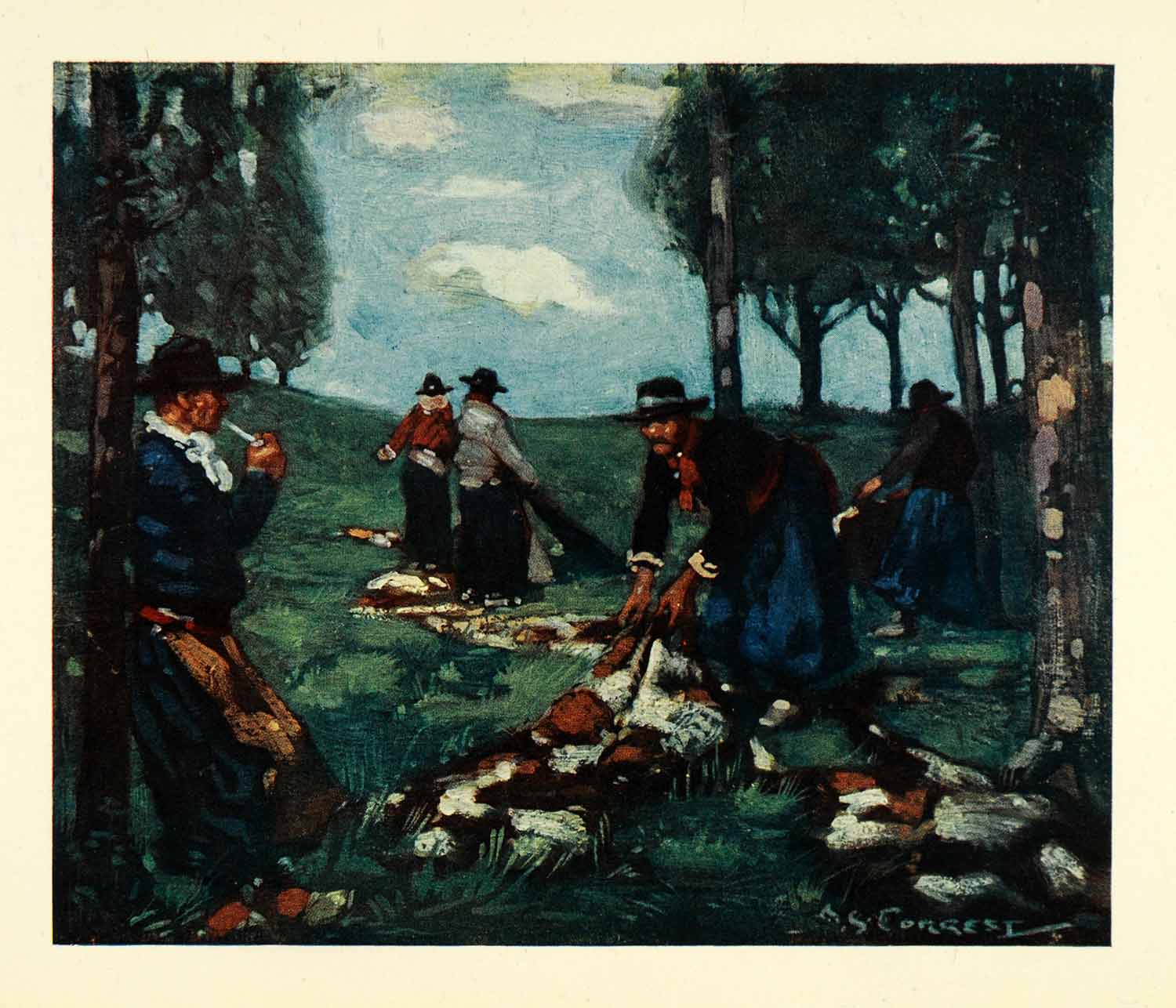 1912 Print Archibald Stevenson Forrest Art Gauchos Spread Animal Hides Argentina