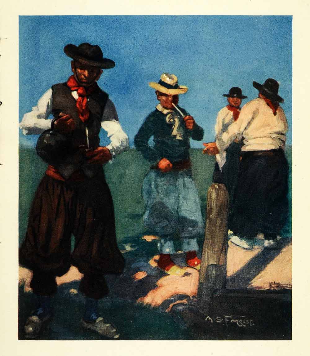 1912 Print Archibald Stevenson Forrest Art South American Gauchos Yerba Mate Tea