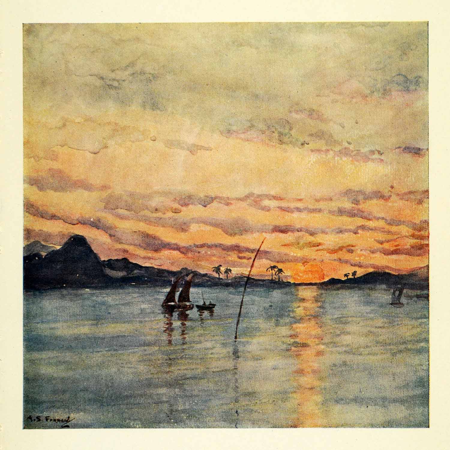 1912 Print Archibald Stevenson Forrest Art Rio Janeiro Harbor Sunset Sailboats