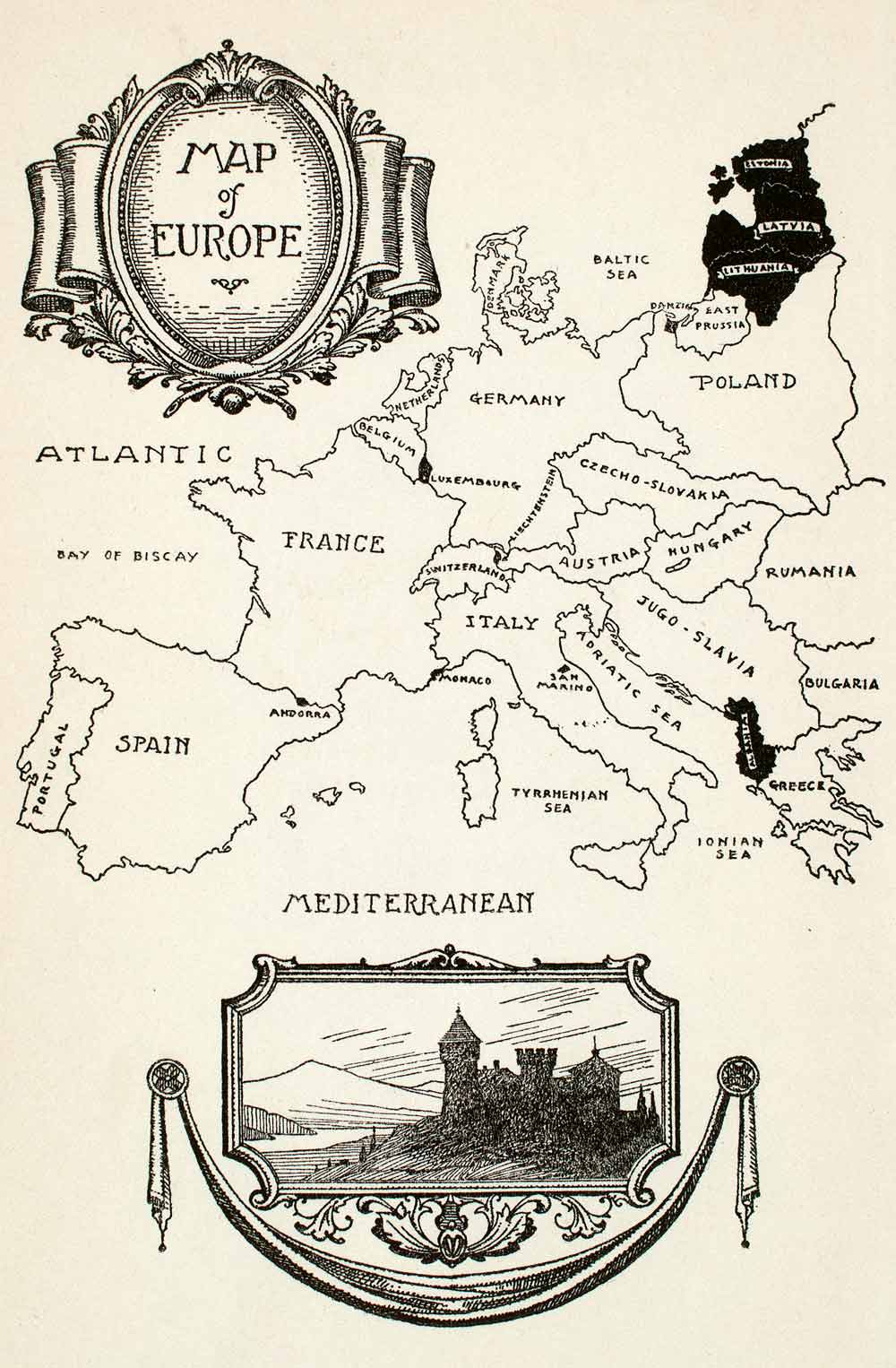 1932 Wood Engraving Map Europe Spain France Germany Poland Italy Portugal XGOA7