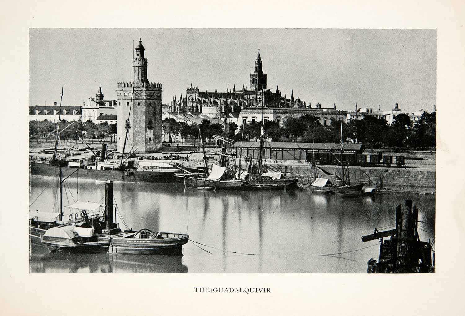 1904 Print Guadalquivir Spain Harbor Lighthouse Sailboats Cityscape XGOB2